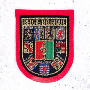 Può includere: Una toppa rettangolare con bordo rosso e interno nero. La toppa presenta il testo "BELGIE/BELGIQUE" e vari stemmi. La toppa è probabilmente un souvenir o un emblema.