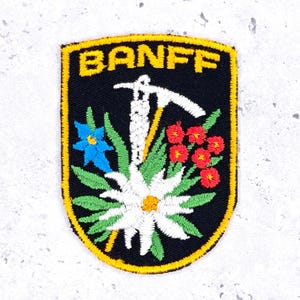 Vintage Banff Patch • Canada Alpine Wildflowers Ice Axe Souvenir • Iron-On NOS
