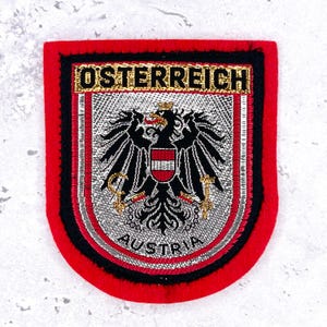 May include: A rectangular embroidered patch with rounded bottom corners featuring a red border and a black inner frame. The centre displays a silver shield with a black eagle, a red and white chest shield, and the text OSTERREICH and AUSTRIA.