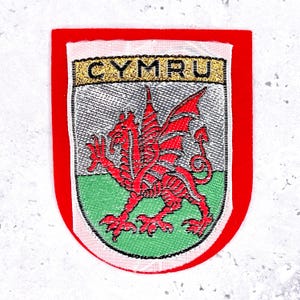 May include: A red, white, and green patch featuring the Welsh dragon emblem. The patch has a red border and the word "CYMRU" in gold lettering at the top. The dragon is red, with green and gray accents.