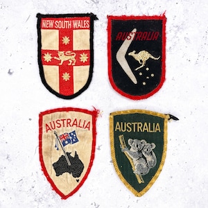 Vintage Australien-lappar • NSW-påsydda resesouvenirer • Fläckiga, slitna