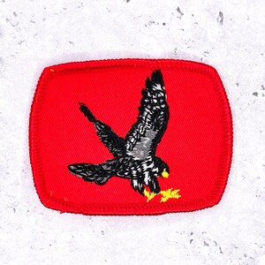 May include: Embroidered patch showing a black and white falcon in flight on a red background. The patch is rectangular with rounded corners and a red border. The falcon's wings are spread, and its talons are yellow.