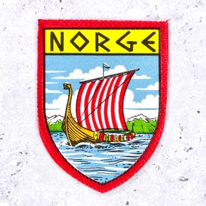 Vintage Norge Norway Patch • Viking Longship Fjord Travel Souvenir • Sew-On NOS