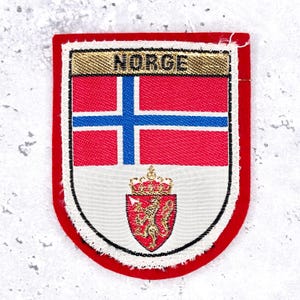 May include: A rectangular embroidered patch with rounded bottom corners featuring the Norwegian flag in red, white, and blue. The word NORGE is stitched in black on a gold band at the top, and a gold crown and lion emblem sits on the white base.