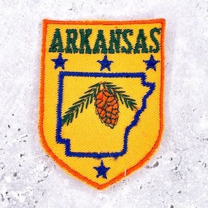 May include: Embroidered patch featuring the word "ARKANSAS" in green, above a yellow shield. The shield has a blue outline of the state, with a pinecone and greenery inside. Three blue stars are above and below the state outline, with an orange border.