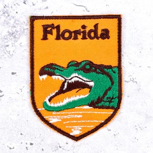 Könnte beinhalten: Ein schildförmiger, bestickter Aufnäher mit orangefarbenem Hintergrund und dunkelbraunem Rand. Das Wort Florida ist oben in Dunkelbraun eingestickt. Darunter ist ein grüner Alligator-Kopf mit offenem Maul und weißen Zähnen über Wasser abgebildet.