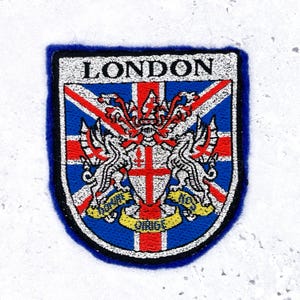 Patch vintage de Londres • Lembrança com o brasão da cidade e a bandeira do Reino Unido • Para costurar (usado)