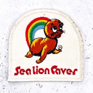 May include: A semi-circular embroidered patch on a white background featuring a cartoon sea lion in shades of orange and yellow. Behind the sea lion is a colorful rainbow arch. The text "Sea lion Caver" is embroidered in red below the figure.