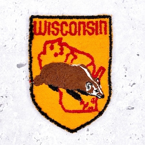 May include: Embroidered patch of Wisconsin. The patch has a yellow background with a red outline of the state and the word "Wisconsin" in red. A brown and white badger is in the center, with a black border.