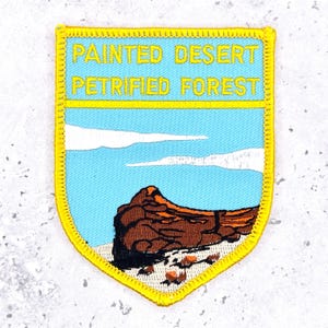 May include: A shield-shaped embroidered patch with a bright yellow border. The top section features the text PAINTED DESERT PETRIFIED FOREST in yellow on a light blue background. Below, a brown rock formation sits on a white desert floor.