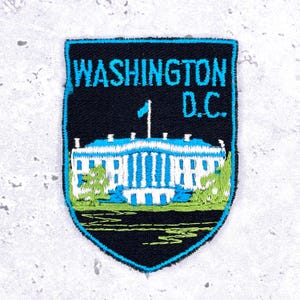 May include: A black patch with a turquoise border and the text "WASHINGTON D.C." in turquoise. The patch features a white and turquoise illustration of the White House with green trees and a turquoise flag.