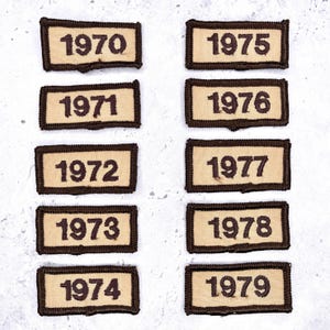 Pode incluir: Dez patches retangulares com bordas marrons e texto indicando os anos de 1970 a 1979. O texto é em marrom escuro, sobre um fundo bege. Os patches estão dispostos em duas colunas.