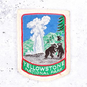 Vintage Yellowstone nationalpark-tygmärke • Old Faithful Geyser Wyoming-souvenir • Sy-på