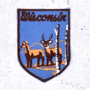 Könnte beinhalten: Gestickter Aufnäher mit dem Wort "Wisconsin" über einem blauen Schild. Das Schild zeigt zwei Hirsche, Birken und Äste. Der Aufnäher hat einen braunen Rand.
