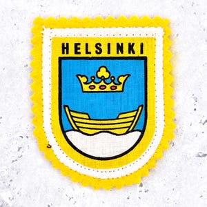 Vintage Helsinki Coat of Arms Patch • Finland Boat Crown Souvenir • Sew-On NOS