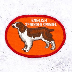 May include: Embroidered patch featuring an English Springer Spaniel dog. The dog is depicted in brown and white against an orange background, with the words "ENGLISH SPRINGER SPANIEL" in white text. The patch has a red border.