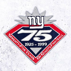 May include: Embroidered patch with a diamond shape, featuring the text "NY" in red and white, and "75" in white. The patch commemorates "Seventy-Five Years of Giants Football 1925-1999" in red and white lettering. The border is red.
