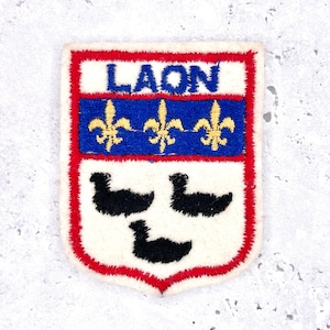 May include: A rectangular patch with a white background, red border, and a blue stripe. The word "LAON" is at the top. The blue stripe has three gold fleur-de-lis. Below are three black duck silhouettes.