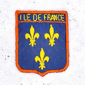 May include: A rectangular embroidered patch with a blue background and an orange border. The patch features three yellow fleur-de-lis symbols and the text ILE DE FRANCE stitched in yellow across the top section within an orange border.