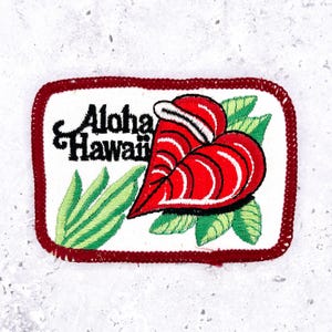 Könnte beinhalten: Gestickter Aufnäher mit weißem Hintergrund, rotem Rand und den schwarzen Worten "Aloha Hawaii". Der Aufnäher zeigt eine herzförmige rote Blume mit weißen und schwarzen Details, umgeben von grünen Blättern.