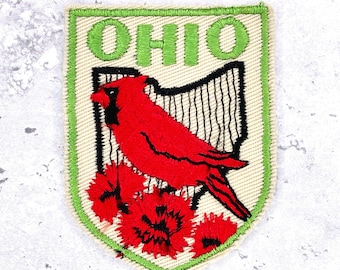 Vintage Ohio Patch • State Bird Cardinal Red Carnation • Travel Souvenir Badge