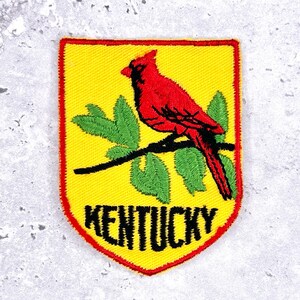 May include: Embroidered patch with a red cardinal on a branch with green leaves, set against a yellow background. The word "KENTUCKY" is embroidered in black at the bottom, with a red border.