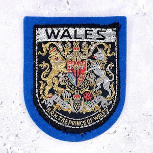 May include: A blue felt patch featuring an embroidered crest with a lion and a unicorn flanking a central shield. The text WALES appears at the top, and H.R.H. THE PRINCE OF WALES is stitched along the bottom in gold thread on a black background.