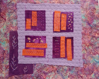 Fiber Art Quilt, Batik Wall Hanging,  Purple Orange Quilt, Small Wall Quilt, Repurposed Wool, Embroidered Quilt, Quiltsy Handmade