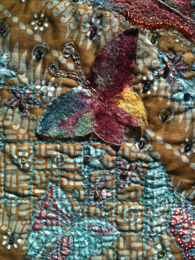 Small Quilt Mixed Media Fiber Art Batik With Needle Felting Etsy