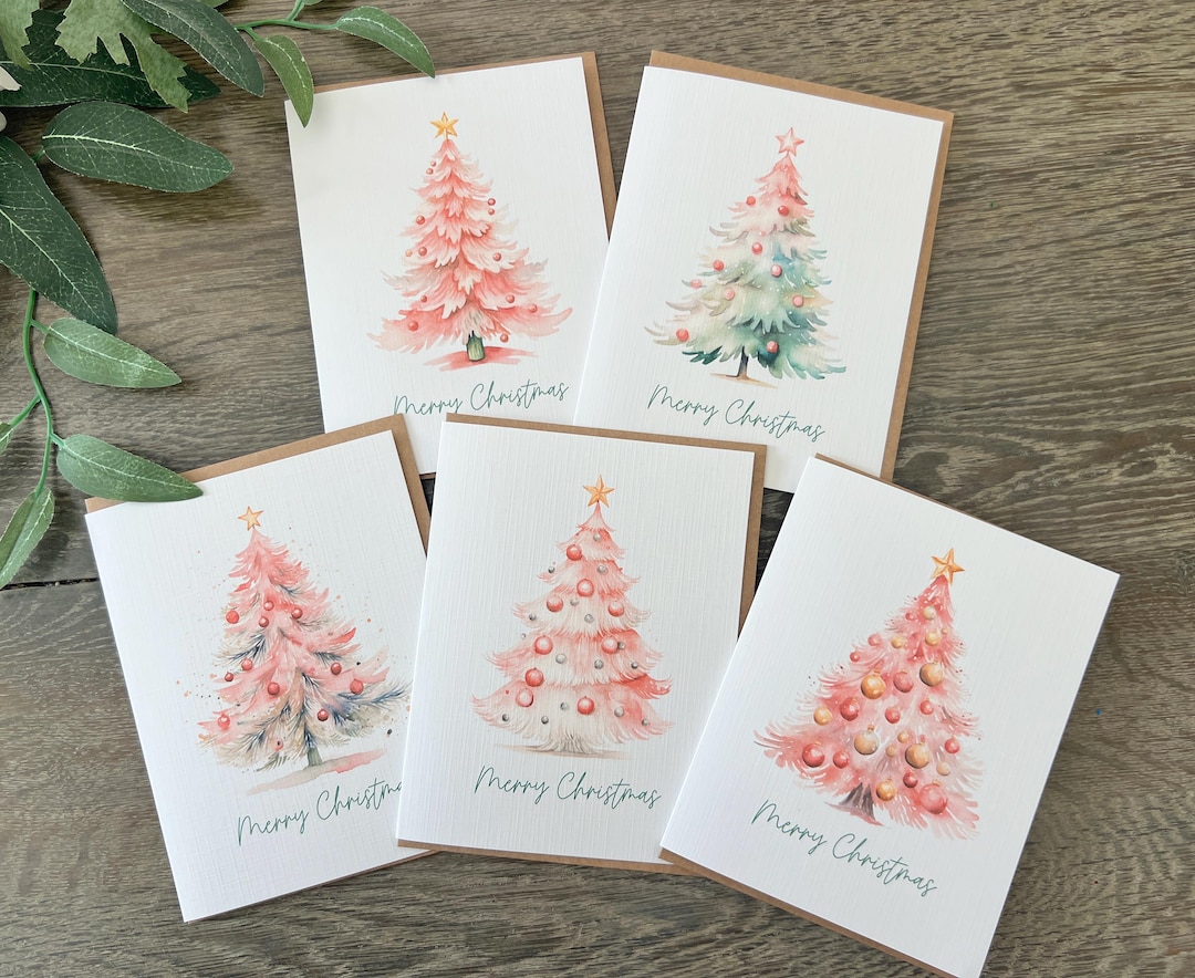 Watercolor Pink Christmas Tree Cards Set of 5 | Watercolor Holiday ...