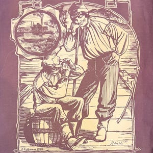 May include: A vintage sewing pattern titled "Missouri River Boatman's Shirt" by Folkwear. The cover features a sepia-toned illustration of two men in period clothing, with a steamboat in the background. The pattern is sized for men and women.