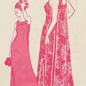 May include: Vintage illustration featuring two women in long dresses. The dresses are a vibrant pink, with one featuring a floral pattern. The text "by HINO, INC." is visible at the bottom of the image.