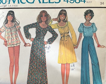 Vintage McCall’s raglan sleeve blouse or dress and wide leg pants pattern 4984 uncut