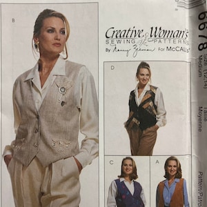 May include: A sewing pattern for a vest, with three different styles shown. The pattern is from Creative Woman's Sewing Patterns by Remy Zieman for McCall's. The pattern number is 6678 and the size is Medium (12-14).
