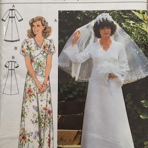 May include: A vintage sewing pattern for a wedding dress. The pattern is for a long, white dress with a lace trim. The pattern includes instructions for making a veil. The pattern number is 8960 Burda. The pattern sizes are 38-48 and the corresponding sizes are 12-40.