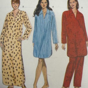 May include: A sewing pattern illustration featuring three garments: a long-sleeved leopard print floor-length dress labeled B, a solid light blue long-sleeved tunic labeled A, and a red long-sleeved tunic with matching trousers labeled A.
