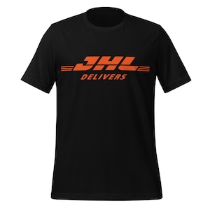 May include: Black t-shirt with the DHL logo in orange. The logo includes the letters "DHL" and the word "DELIVERS" in a sans-serif font. The shirt has short sleeves and a crew neck.
