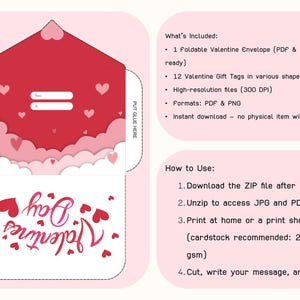 Puede incluir: Un dise&ntilde;o de sobre imprimible para el D&iacute;a de San Valent&iacute;n en rojo y rosa, con detalles de corazones y la frase "Valentine's Day". Incluye un sobre plegable, etiquetas de regalo e instrucciones. Descarga digital.
