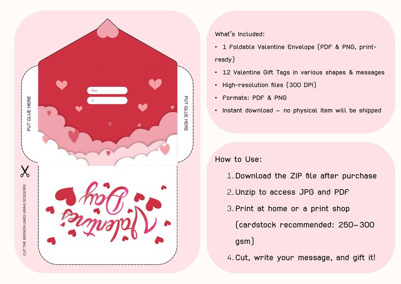 Puede incluir: Un dise&ntilde;o de sobre imprimible para el D&iacute;a de San Valent&iacute;n en rojo y rosa, con detalles de corazones y la frase "Valentine's Day". Incluye un sobre plegable, etiquetas de regalo e instrucciones. Descarga digital.