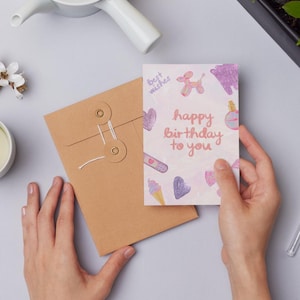 Cartão de aniversário holográfico rosa fofo - Adesivos Kawaii com glitter, cartão digital para meninas, design divertido de cachorro com balão e sorvete