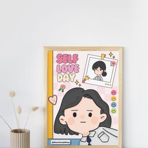 Póster de amor propio: arte mural kawaii con dibujos animados / Decoración motivacional imprimible para niñas, estudiantes, oficina o dormitorio / Descarga digital