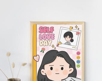 Póster Kawaii de amor propio – Arte motivacional de chica de dibujos animados (Descarga digital)