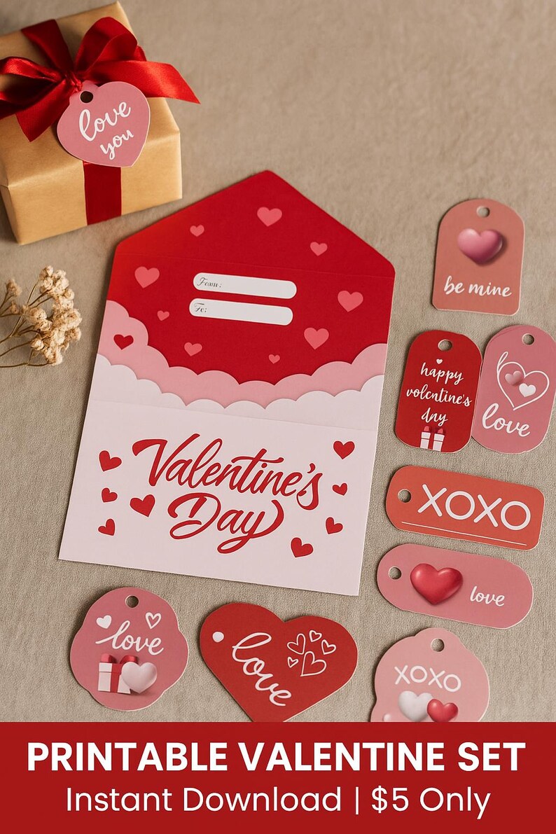 Puede incluir: Un conjunto tem&aacute;tico del D&iacute;a de San Valent&iacute;n con un sobre rojo, etiquetas de regalo y un regalo envuelto. El sobre es rojo con un interior blanco y detalles de coraz&oacute;n. Las etiquetas de regalo incluyen dise&ntilde;os "be mine", "XOXO" y "love". El regalo est&aacute; envuelto en papel marr&oacute;n con un lazo rojo.