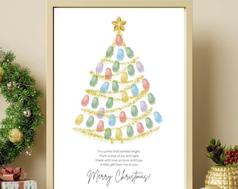 May include: A framed Christmas print with a tree design made from colourful fingerprints. The tree is decorated with gold garland and a star. The text reads "Merry Christmas!" with a poem below.