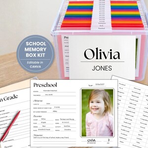 May include: A clear plastic storage bin filled with rainbow-colored hanging file folders labeled by grade level, accompanied by printed memory sheets for school years, including a preschool form with a child's photo and a red pen on a 12th grade sheet.