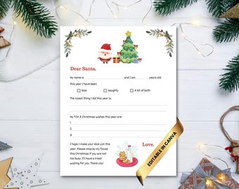 Editable Letter to Santa Christmas Wishlist Template (PDF File Download and Canva template)