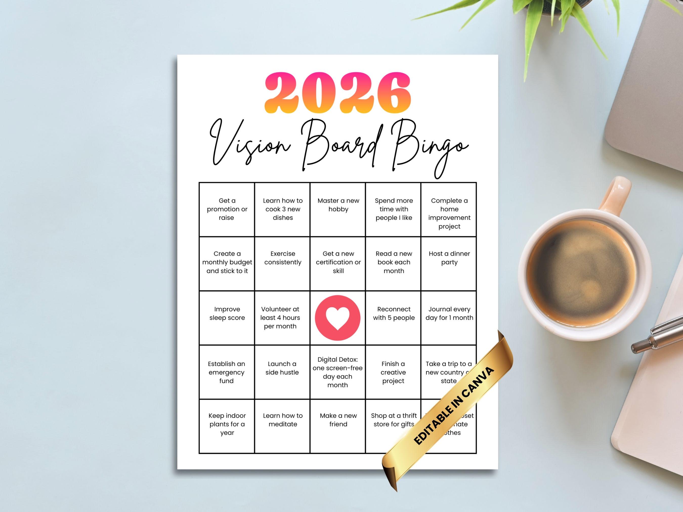 2026 Vision Board Bingo Printable, Editable Canva Template, New Year ...