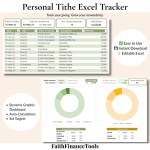 May include: Digital Excel spreadsheet for tracking personal tithes. The document shows giving records, including date, type, place, description, and amounts. Features include a dynamic dashboard, auto-calculations, and set targets. Text: "Personal Tithe Excel Tracker."