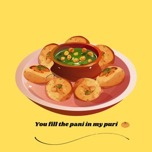 Divertida tarjeta de amor con Pani Puri: "Llena mi Puri con Pani" - Bonita tarjeta de felicitación de comida desi, ideal para San Valentín o aniversario del sur de Asia.