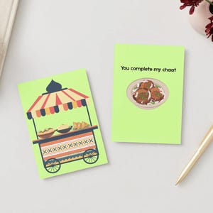 Grappige desi-voedselkaart - 'You Complete My Chaat' - Leuke Indiase streetfood-liefdeskaart, Zuid-Aziatisch valentijns- of jubileumcadeau